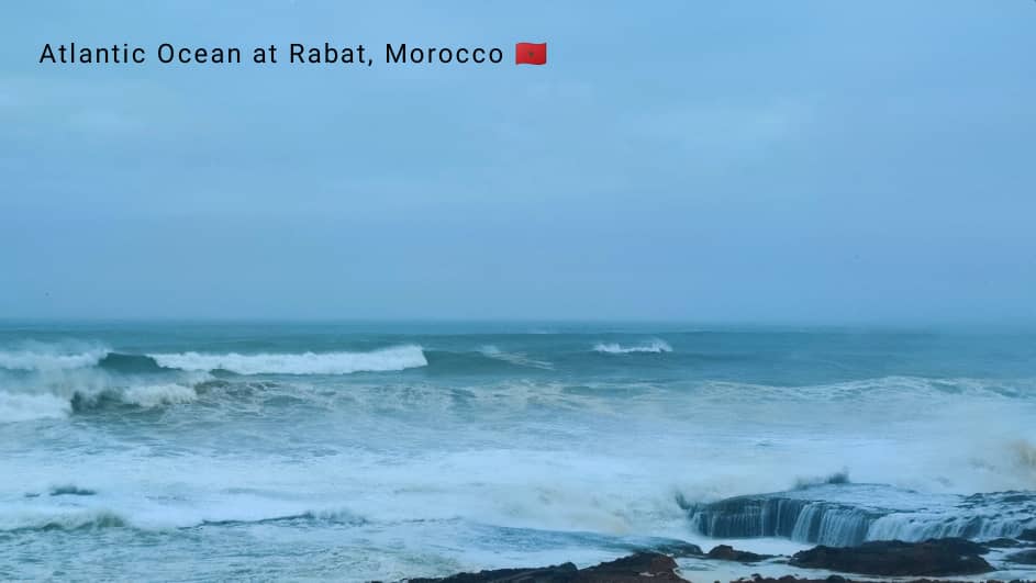Atlantic Ocean waves along the coastline of Rabat, Morocco.